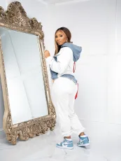 Plus Size Fashion Color Blocking Hooded Sweatshirt Two Piece Pants Set JH-322