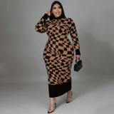 Plus Size Long Sleeve Plaid Printed Long Dresses NNWF-7726