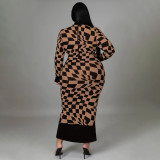 Plus Size Long Sleeve Plaid Printed Long Dresses NNWF-7726