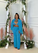 Sexy Solid Color Bra+Cardigan Coat+Loose Pant 3 Piece Set MXDF-6119