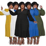 Plus Size Ruffles Shoulder Long Sleeve Bib Swing Dress NNWF-7744