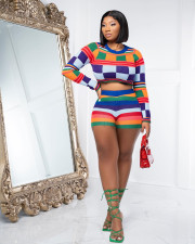 Color Contrast Long Sleeve Crop Pullover And Short 2 Piece Set ME-8227