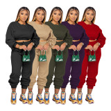 Casual Solid O Neck Short Sweatshirt And Sport Pant Two Piece Set DDF-88189