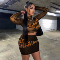 Sexy Print Splice Long Sleeve And Skirt Two Piece Set YF-9826
