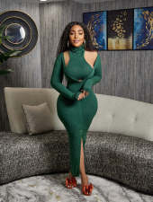 Solid Color High Collar Tank Top And Split Dress Two Piece SetZDF-31263
