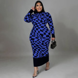 Plus Size Long Sleeve Plaid Printed Long Dresses NNWF-7726