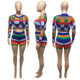 Color Contrast Long Sleeve Crop Pullover And Short 2 Piece Set ME-8227