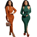 Solid Color High Collar Tank Top And Split Dress Two Piece SetZDF-31263
