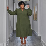 Plus Size Ruffles Shoulder Long Sleeve Bib Swing Dress NNWF-7744
