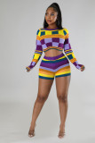 Color Contrast Long Sleeve Crop Pullover And Short 2 Piece Set ME-8227