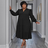 Plus Size Ruffles Shoulder Long Sleeve Bib Swing Dress NNWF-7744