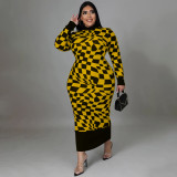 Plus Size Long Sleeve Plaid Printed Long Dresses NNWF-7726