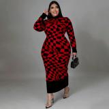 Plus Size Long Sleeve Plaid Printed Long Dresses NNWF-7726
