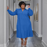 Plus Size Ruffles Shoulder Long Sleeve Bib Swing Dress NNWF-7744