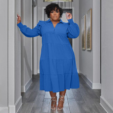 Plus Size Ruffles Shoulder Long Sleeve Bib Swing Dress NNWF-7744