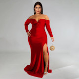 Plus Size Sexy Off Shoulder Solid Color Split Maxi Dress NNWF-7751