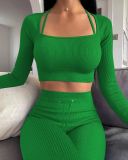 Solid Color Halterl Long Sleeve Pant Two Piece Set YD-8670