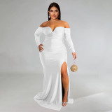 Plus Size Sexy Off Shoulder Solid Color Split Maxi Dress NNWF-7751