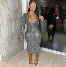 Fashion Gold Blocking Deep V Neck Midi Dress FENF-257