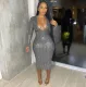 Fashion Gold Blocking Deep V Neck Midi Dress FENF-257