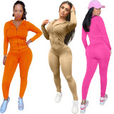 Casual Solid Zipper Hooded Coat+Pant Slim Two Piece Set FSL-F117