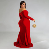 Plus Size Sexy Off Shoulder Solid Color Split Maxi Dress NNWF-7751