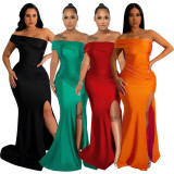 Sexy Solid Color Off Shoulder Split Maxi Dresses YF-10331