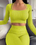 Solid Color Halterl Long Sleeve Pant Two Piece Set YD-8670