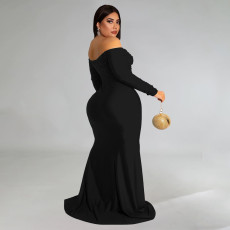 Plus Size Sexy Off Shoulder Solid Color Split Maxi Dress NNWF-7751