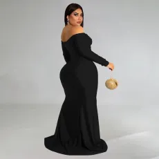 Plus Size Sexy Off Shoulder Solid Color Split Maxi Dress NNWF-7751