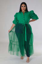 Plus Size Chiffon Mesh Patchwork Puff Sleeve Long Dress OSM2-5311