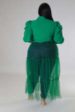 Plus Size Chiffon Mesh Patchwork Puff Sleeve Long Dress OSM-5311
