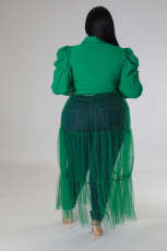 Plus Size Chiffon Mesh Patchwork Puff Sleeve Long Dress OSM-5311