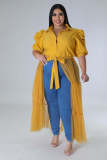 Plus Size Chiffon Mesh Patchwork Puff Sleeve Long Dress OSM-5311