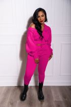 Solid Zipper Sweatshirt Fleece Warm Sport Two Piece Set AIL-229