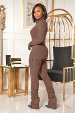 Solid Color High Collar Tops And Ruched Pant Two Piece Set OMY-81063