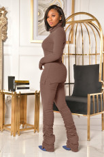Solid Color High Collar Tops And Ruched Pant Two Piece Set OMY-81063