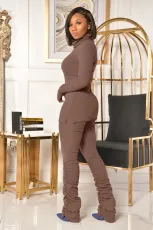 Solid Color High Collar Tops And Ruched Pant Two Piece Set OMY-81063