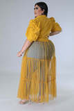 Plus Size Chiffon Mesh Patchwork Puff Sleeve Long Dress OSM-5311