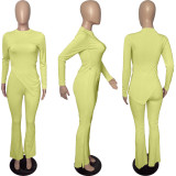 Solid Split Long Sleeve Top Flared Pants 2 Piece Sets FSL-F199