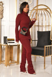 Solid Color High Collar Tops And Ruched Pant Two Piece Set OMY-81063
