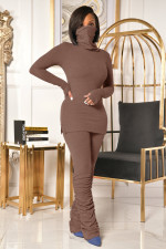Solid Color High Collar Tops And Ruched Pant Two Piece Set OMY-81063