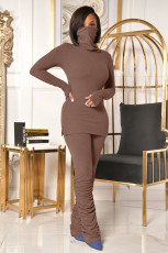 Solid Color High Collar Tops And Ruched Pant Two Piece Set OMY-81063
