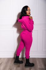 Solid Zipper Sweatshirt Fleece Warm Sport Two Piece Set AIL-229