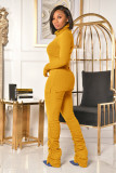 Solid Color High Collar Tops And Ruched Pant Two Piece Set OMY-81063