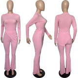 Solid Split Long Sleeve Top Flared Pants 2 Piece Sets FSL-F199