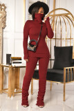 Solid Color High Collar Tops And Ruched Pant Two Piece Set OMY-81063