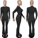 Solid Split Long Sleeve Top Flared Pants 2 Piece Sets FSL-F199