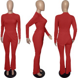 Solid Split Long Sleeve Top Flared Pants 2 Piece Sets FSL-F199