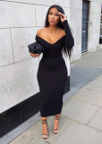 Solid Color Rib Off Shoulder Midi Dress ME-S951